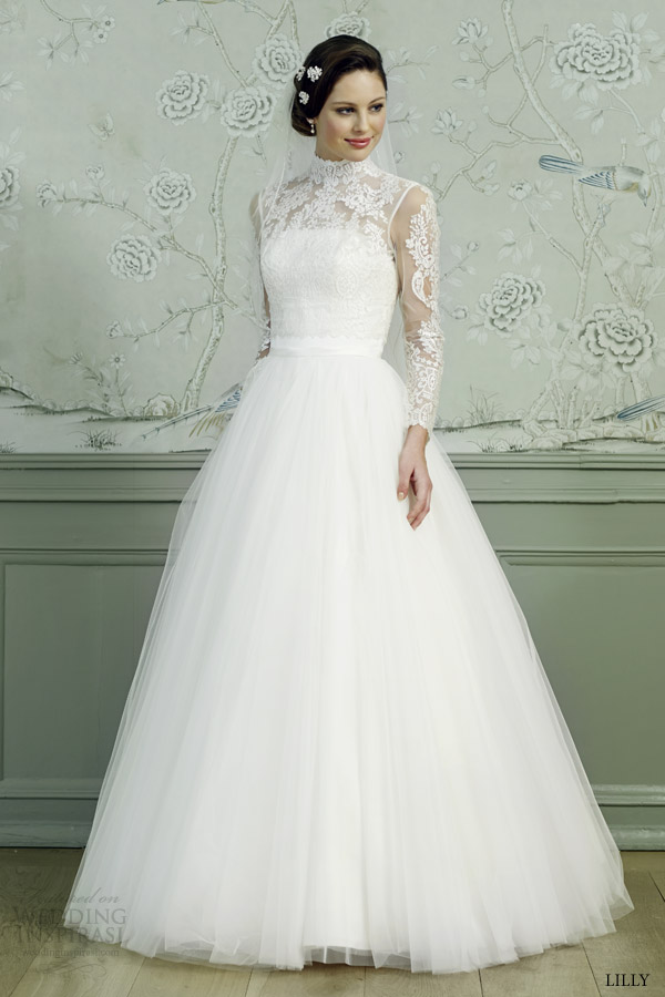 Cap Sleeve High Neckline Ballgown Wedding Dress With Lace Bodice And Full  Skirt