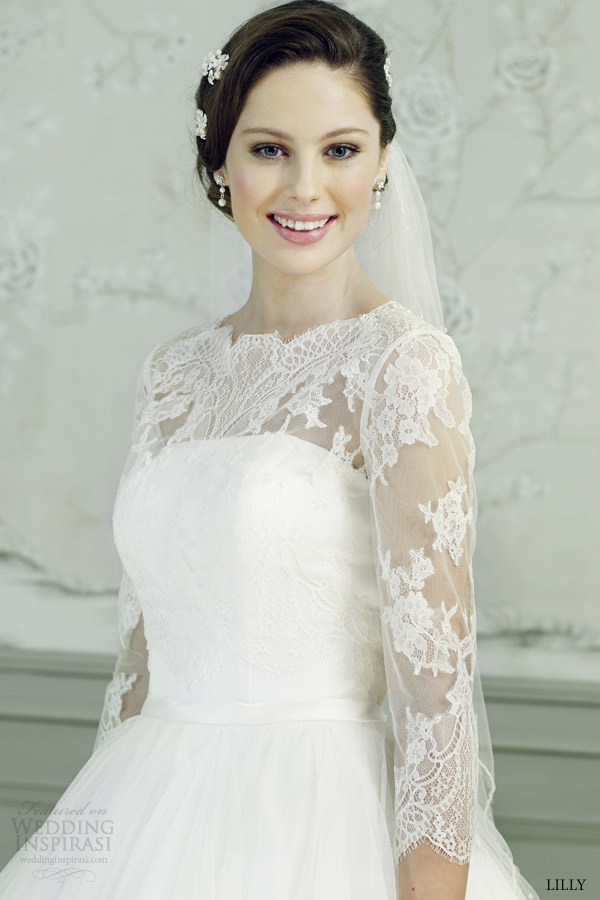 lilly bridal 2015 ball gown wedding dress illusion three quarter sleeves lace top 08 3546 cr close up lace bodice