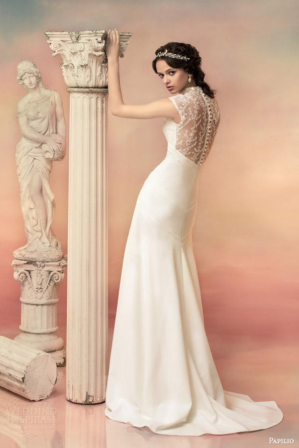 papilio bridal 2015 dionissia sheath wedding dress beaded lace cap sleeve bodice back view