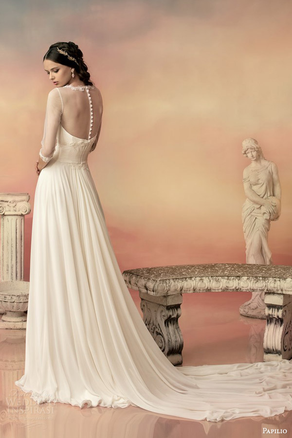 papilio bridal 2015 euphilia chiffon gown bolero illusion three quarter sleeves back view