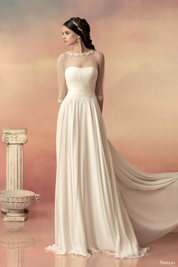 papilio bridal 2015 euphilia chiffon gown bolero illusion three quarter sleeves