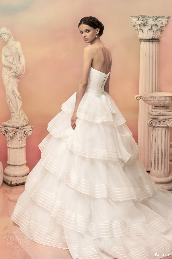 papilio bridal 2015 euridika strapless ball gown wedding dress tiered ruffle organza stripe skirt back view papilio bridal 2015 euridika strapless ball gown wedding dress tiered ruffle organza stripe skirt back view