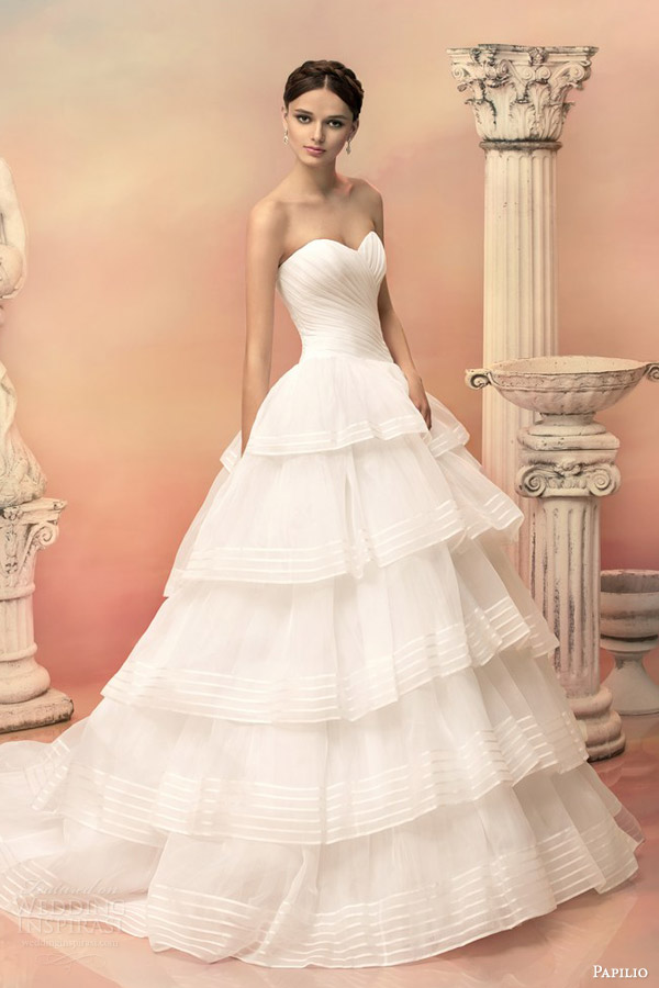 papilio bridal 2015 euridika strapless ball gown wedding dress tiered ruffle organza stripe skirt