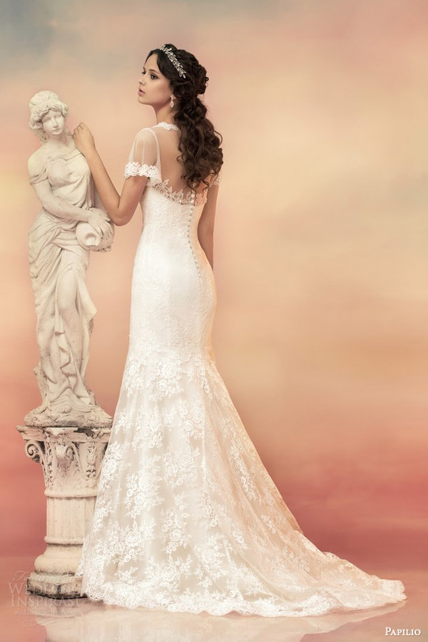 papilio bridal 2015 illusion flutter sleeve wedding dress 1530 back view lace train