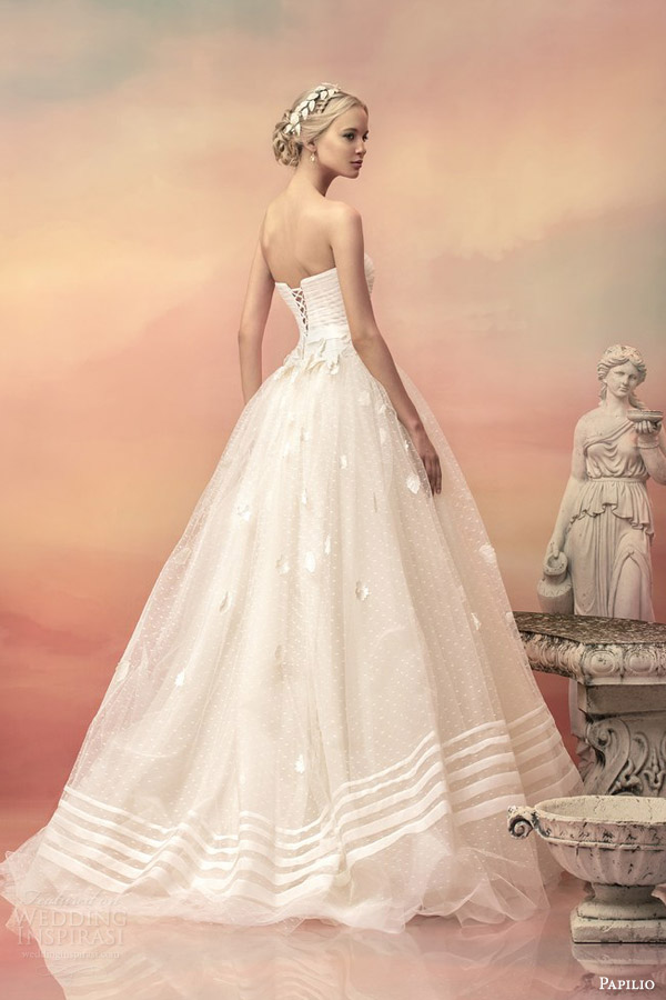 papilio bridal 2015 pheodora strapless ball gown wedding dress embroidered flowers back view sweep train