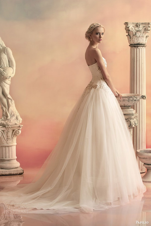 papilio bridal 2015 pheofania strapless sweetheart ball gown wedding dress embellished bodice side view train