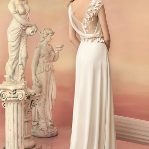 papilio bridal 2015 polina draped chiffon dress illusion one shoulder strap floral applique back view