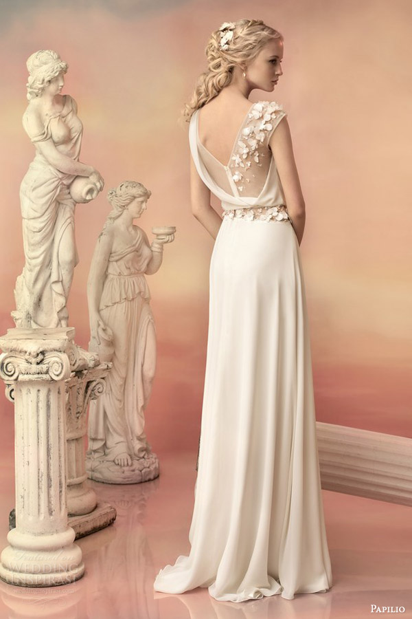 papilio bridal 2015 polina draped chiffon dress illusion one shoulder strap floral applique back view