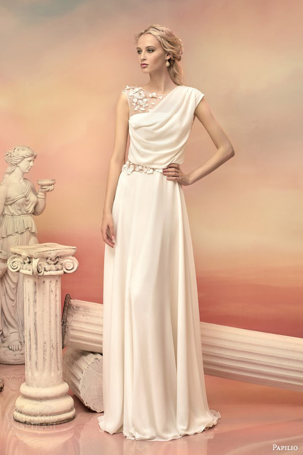 papilio bridal 2015 polina draped chiffon dress illusion one shoulder strap floral applique