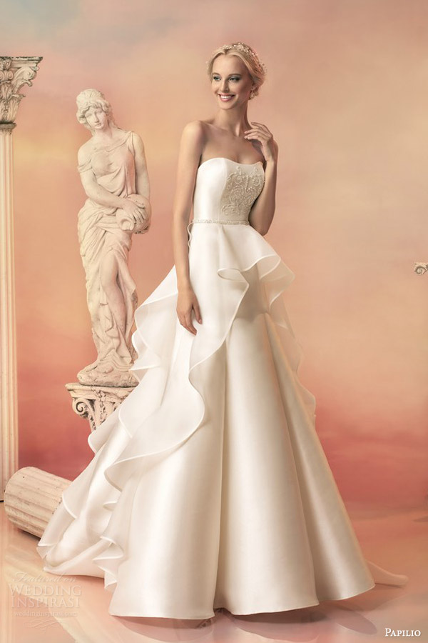 papilio bridal 2015 rebecca strapless ball gown wedding dress pearl sequin bodice ruffle train