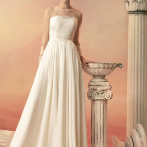 papilio bridal 2015 salomea wedding dress chiffon skirt french chantilly lace bodice illusion long sleeves