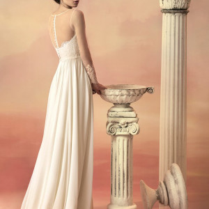 papilio bridal 2015 salomea wedding dress chiffon skirt french chantilly lace bodice illusion long sleeves back view