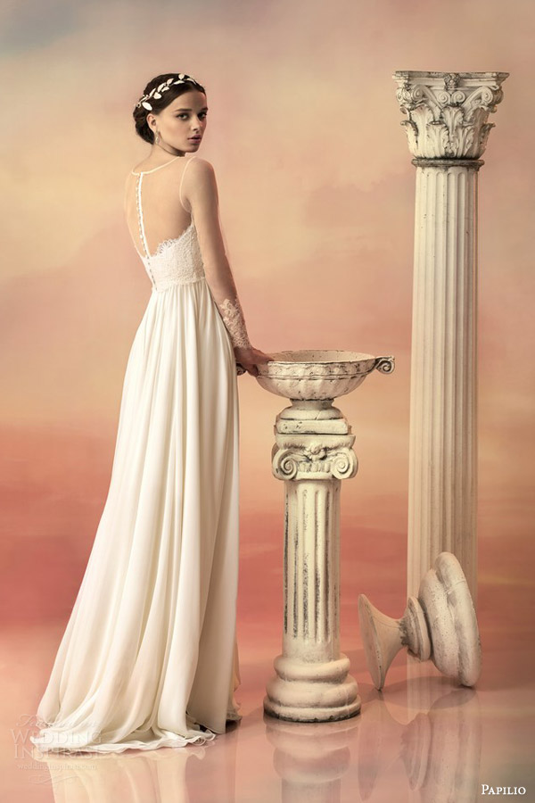 papilio bridal 2015 salomea wedding dress chiffon skirt french chantilly lace bodice illusion long sleeves back view