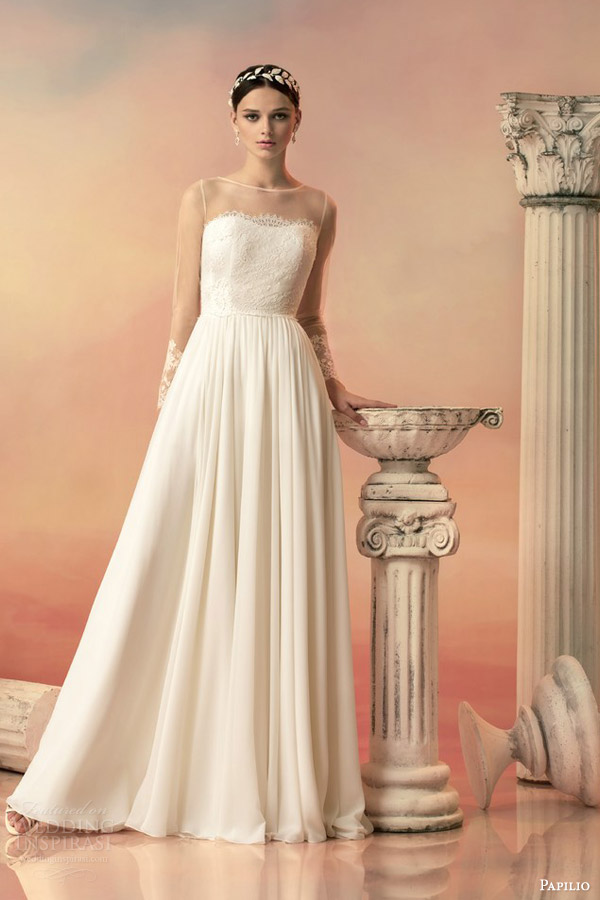 papilio bridal 2015 salomea wedding dress chiffon skirt french chantilly lace bodice illusion long sleeves
