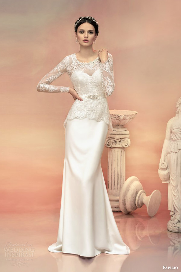 papilio bridal 2015 selene wedding dress strapless gown long sleeve lace peplum top two in one