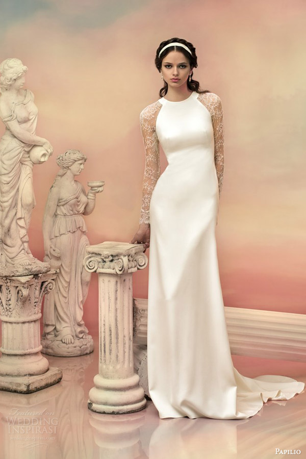 papilio bridal 2015 tasia high neck sheath wedding dress chantilly lace long sleeves back