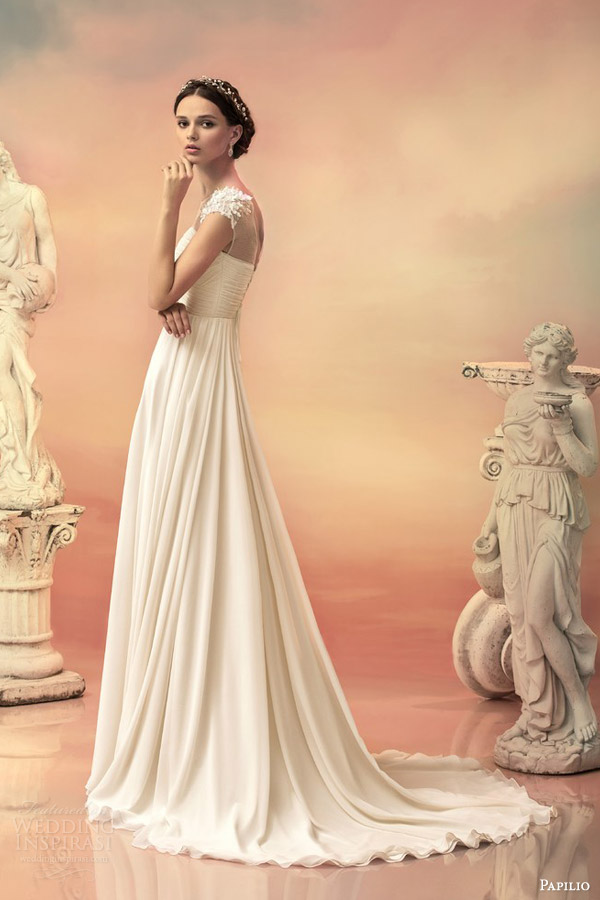papilio bridal 2015 tavita illusion cap sleeve chiffon wedding dress embellished shoulders side view