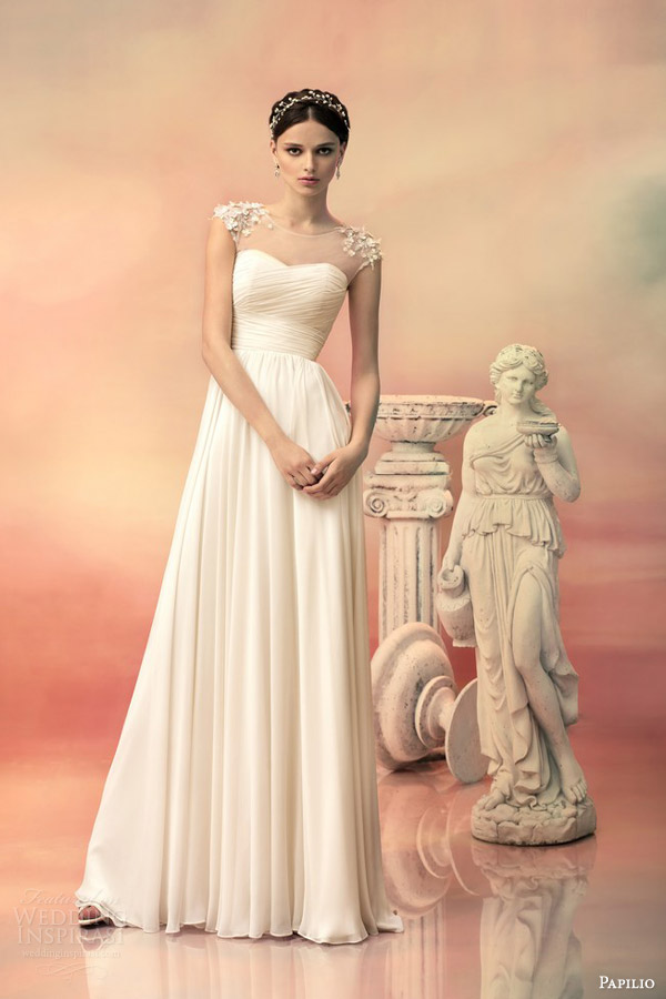 papilio bridal 2015 tavita illusion cap sleeve chiffon wedding dress embellished shoulders