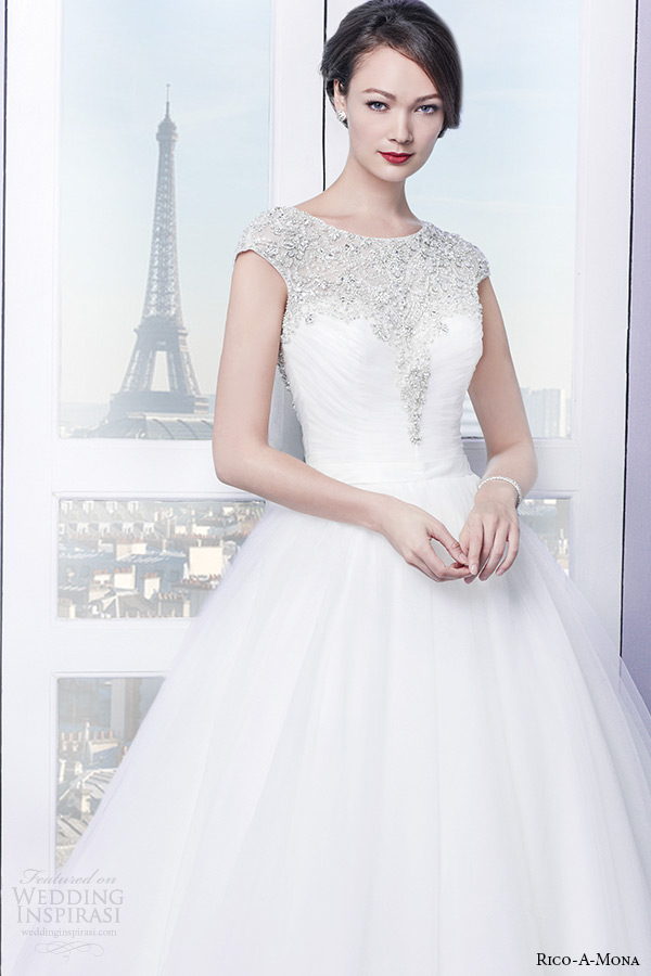 rico a mona wedding dresses 2015 parisian blush bridal cap sleeves jewel neckline beaded top ball gown zoom