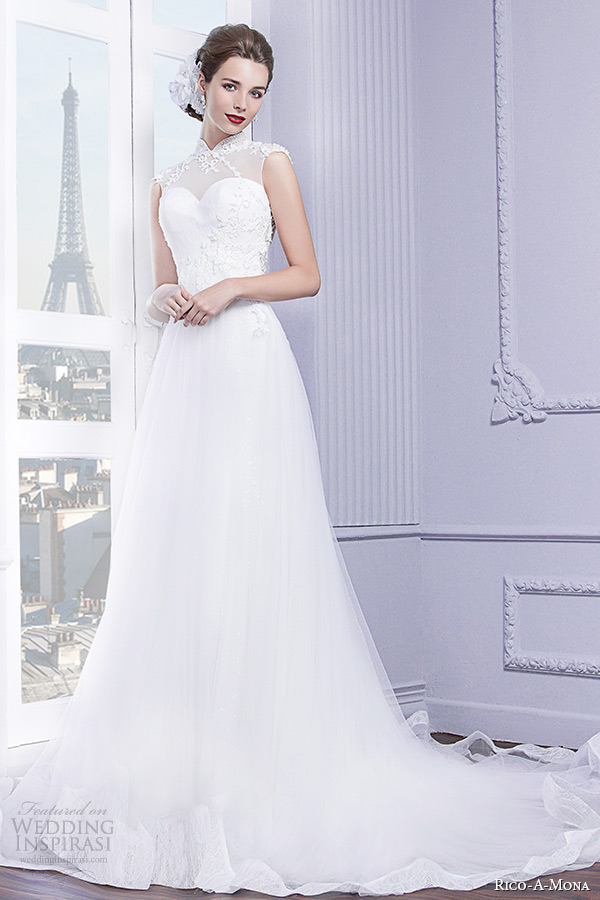 rico a mona wedding dresses 2015 parisian blush bridal chinese cheongsam qipao collar high neckline embroideried bodice tulle a line gown