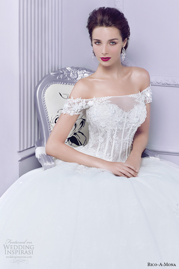 rico a mona wedding dresses 2015 parisian blush bridal off the shoulder lace sleeves corset bodice ball gown zoom