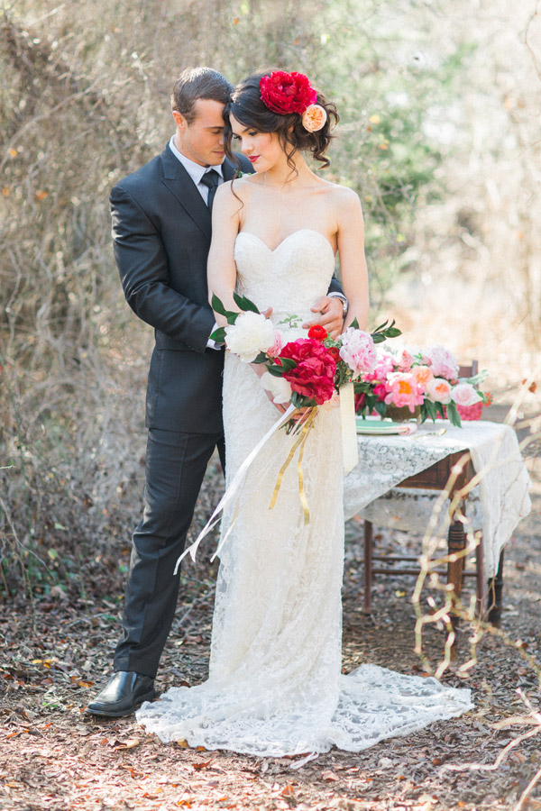 watters wedding dress 2015 strapless sweetheart lace bridal gown train bride groom peonies valentine photoshoot allen tsai photography sarah keestone