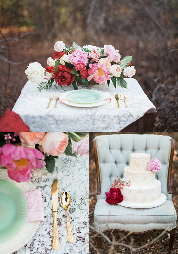 wedding cake table centerpiece flowers bouquet red pink peach mint gold pastel bridal inspiration valentines day photoshoot allen tsai photography sarah keestone events giant peonies