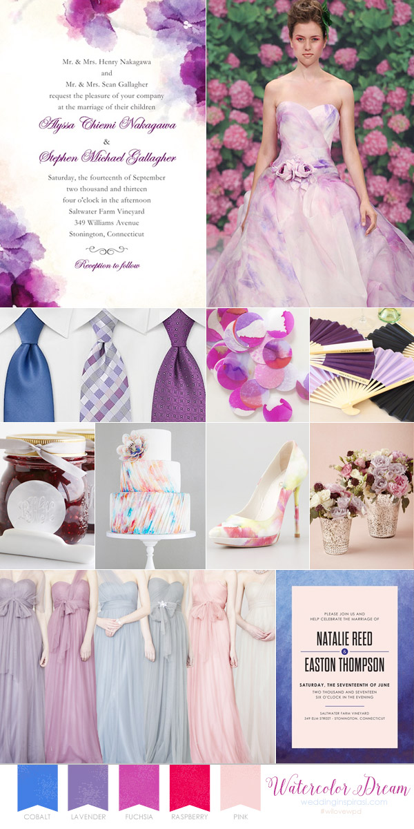 wedding paper divas watercolor wedding inspiration board cobalt blue fuchsia red raspberry pink fuchsia color palette