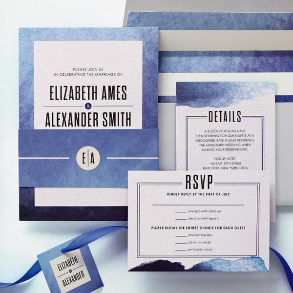 wedding paper divas wedding invitation suite deep romance deep sea cobalt blue watercolor style invitations wedding invites