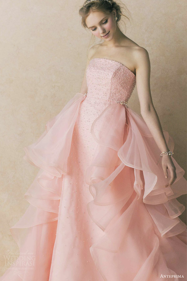 anteprima bridal salmon pink strapless column gown wedding side tulle ruffles wedding dress ant0067