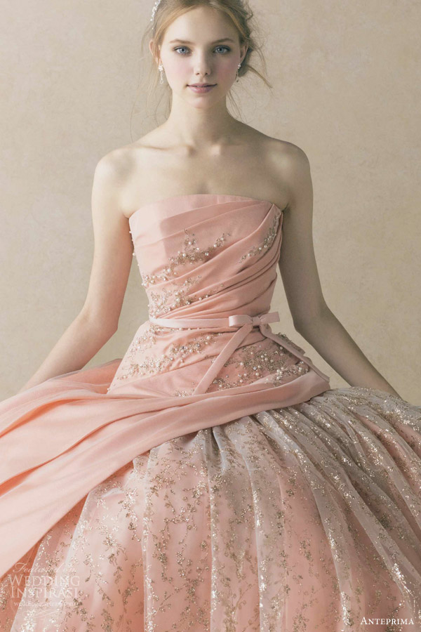 anteprima wedding dress coral pink orange strapless ball gown ruched bodice gold thread beading embroidery ant  59