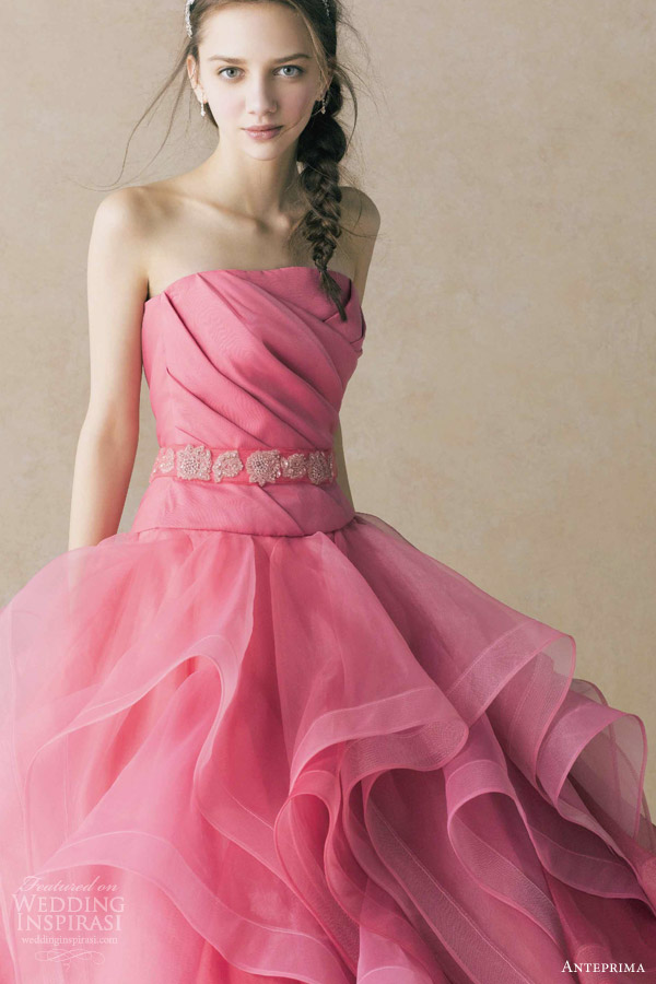 anteprima wedding dress coral pink strapless ball gown ruched bodice belt ruffle skirt ant0068