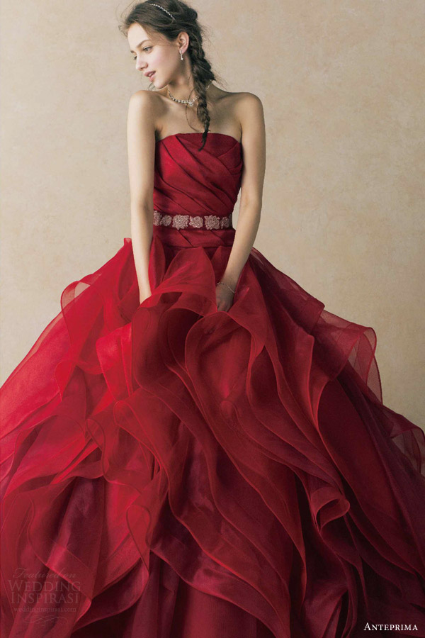 anteprima wedding dress deep red strapless ball gown ruched bodice belt ruffle skirt ant0068