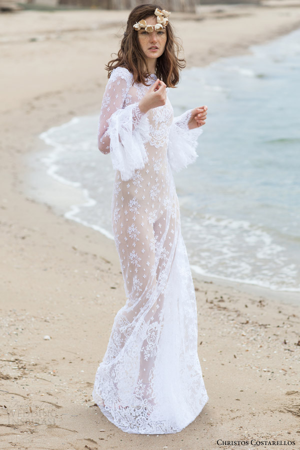 christos costarellos bridal 2016 17 long bell sleeves bohemian lace wedding dress high neck