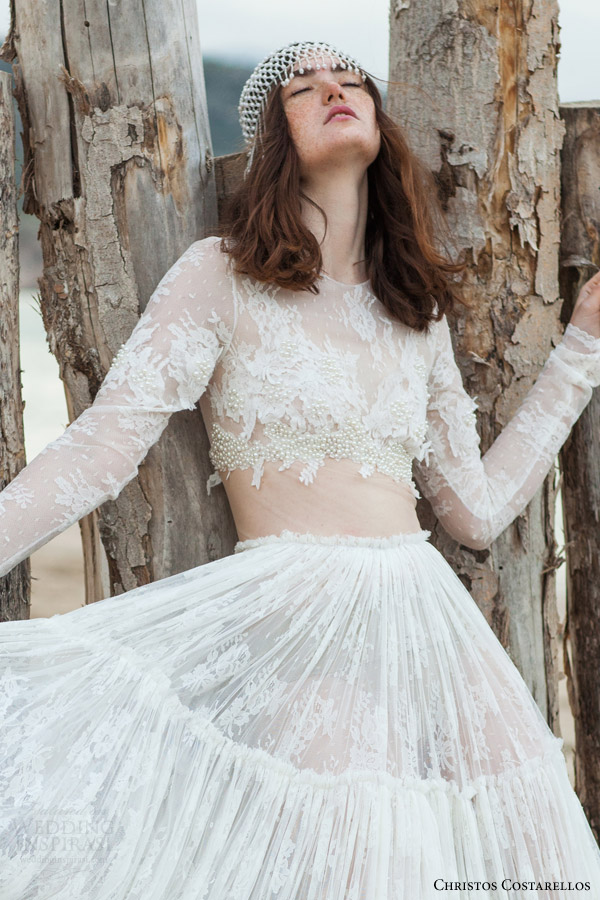 christos costarellos bridal 2016 33 long sleeve lace illusion cropped top wedding dress ruched a line skirt close up