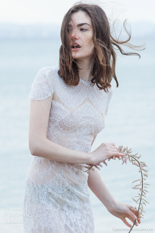 christos costarellos bridal 2016 40 cap sleeve high neck lace sheath wedding dress close up christos costarellos bridal 2016 40 cap sleeve high neck lace sheath wedding dress close up