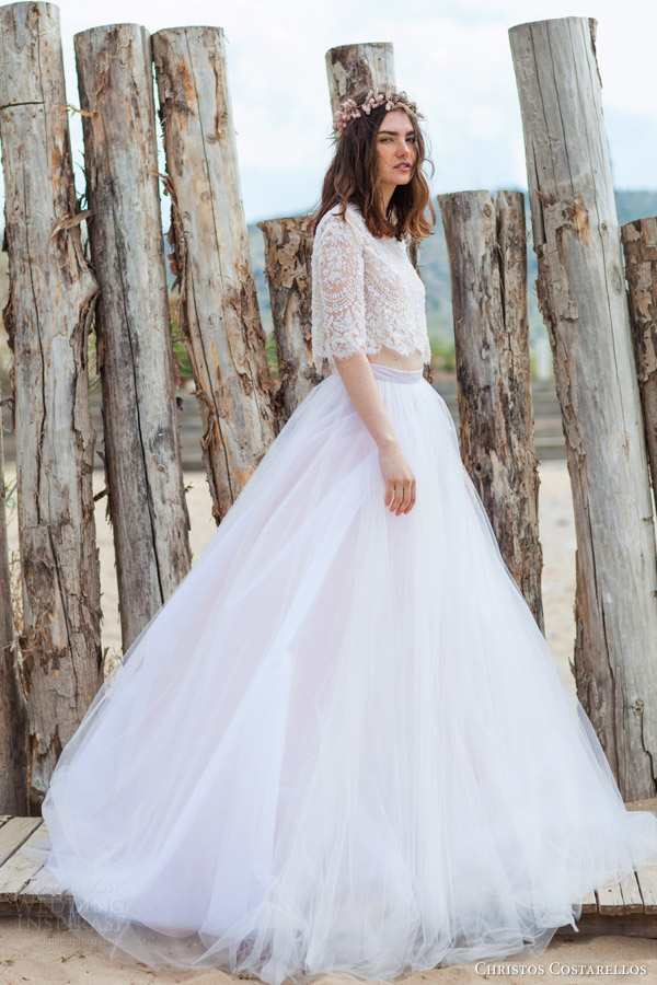 christos costarellos bridal 2016 42 cropped top with half sleeves 30 full a line tulle skirt