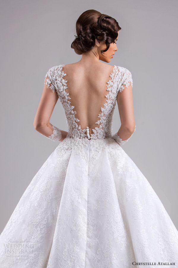 chrystelle atallah bridal spring 2015 ball gown wedding dress illusion sleeves back view close up