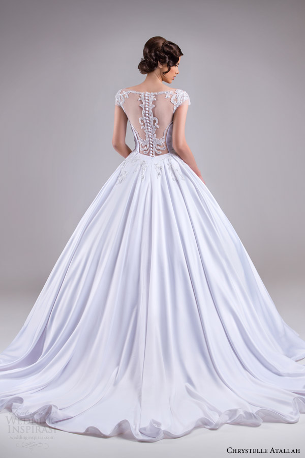 chrystelle atallah bridal spring 2015 illusion cap sleeve princess ball gown weddding dress back view embellishment train
