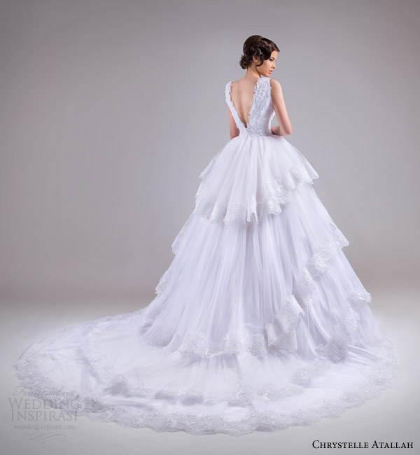 chrystelle atallah bridal spring 2015 sleeveless ball gown wedding dress tiered skirt lace trim back view train