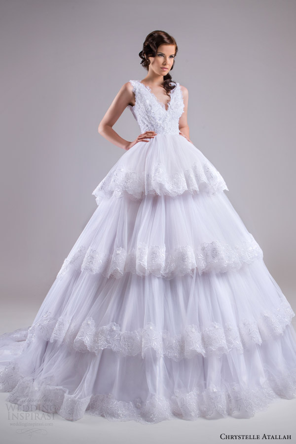 chrystelle atallah bridal spring 2015 sleeveless ball gown wedding dress tiered skirt lace trim