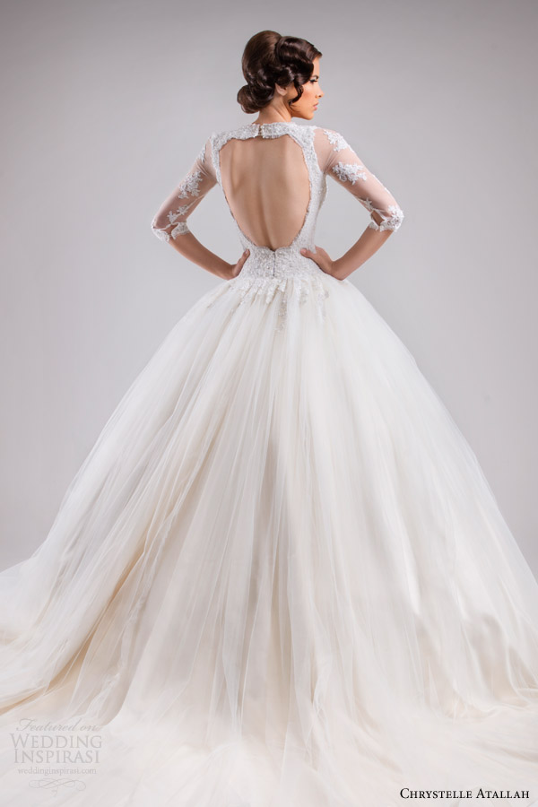 chrystelle atallah bridal spring 2015 three quarter sleeve princess ball gown wedding dress lace bodice v neckline horsehair skirt fairytale train back view close up keyhole