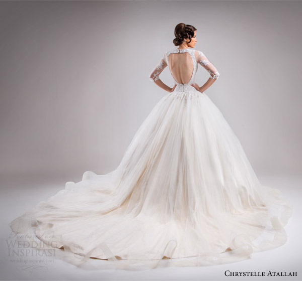 chrystelle atallah bridal spring 2015 three quarter sleeve princess ball gown wedding dress lace bodice v neckline horsehair skirt fairytale train back view chrystelle atallah bridal spring 2015 three quarter sleeve princess ball gown wedding dress lace bodice v neckline horsehair skirt fairytale train back view