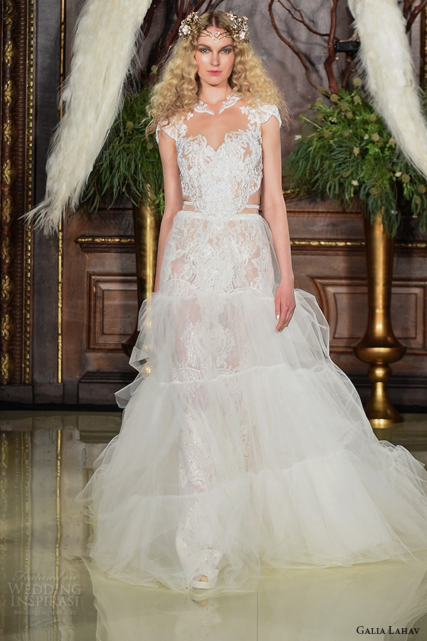 galia lahav wedding dress spring 2016 runway cap sleeves lace illusion neckline beaded bodice tiered tulle bridal gown