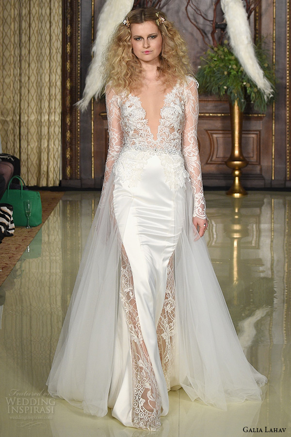 galia lahav wedding dress spring 2016 runway long sleeves lace plunging v neckline satin sheath bridal gown with train