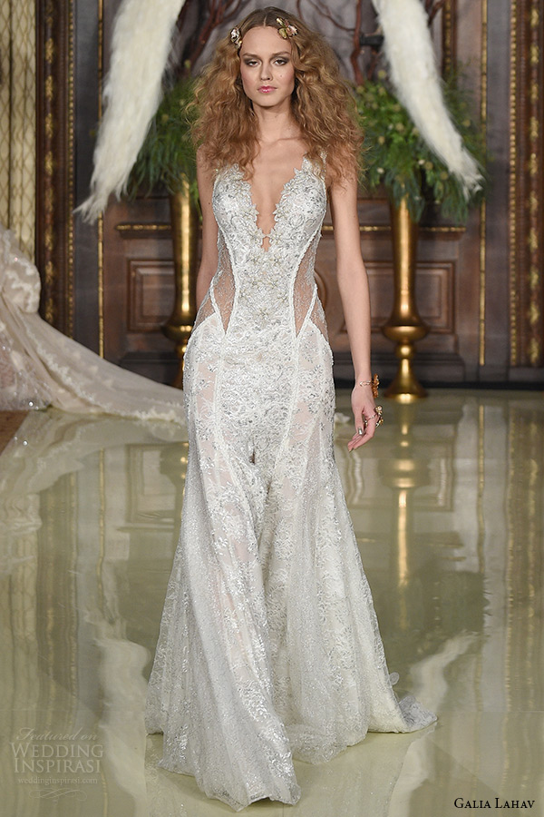 galia lahav wedding dress spring 2016 runway sleeveless deep plunging neckline low back sheer keyhole waist sheath bridal gown