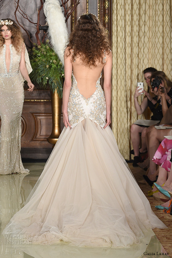 galia lahav wedding dress spring 2016 runway sleeveless v neckline beaded bodice drop waist blush trumpet bridal gown back