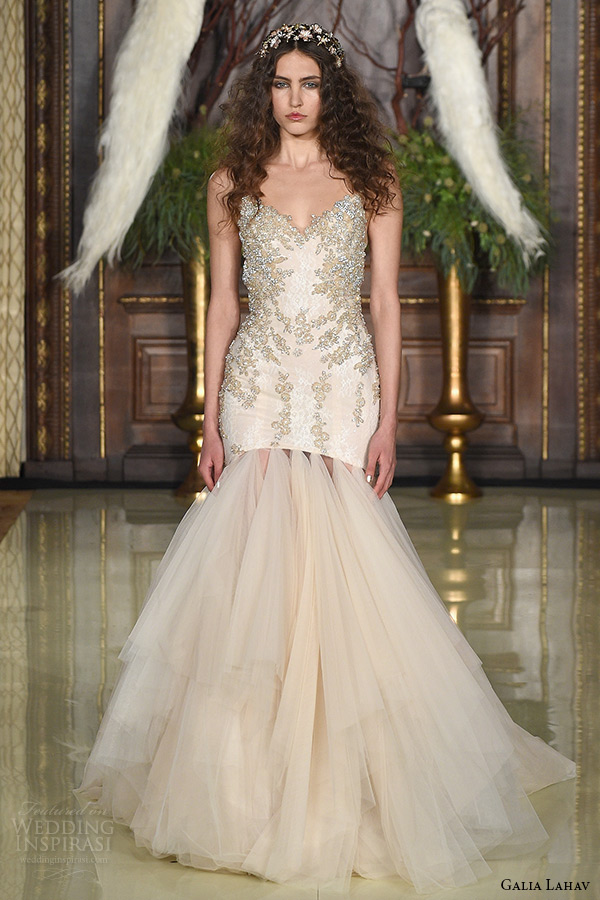 galia lahav wedding dress spring 2016 runway sleeveless v neckline beaded bodice drop waist blush trumpet bridal gown