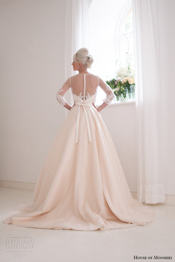 house of mooshki bridal 2015 3 quarter sleeves lace bodice champagne ball gown illusion neckline style annabella back view