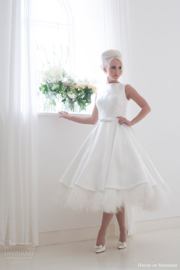 house of mooshki bridal 2015 eliza sleeveless short tea length wedding dress ostrich feather underlay